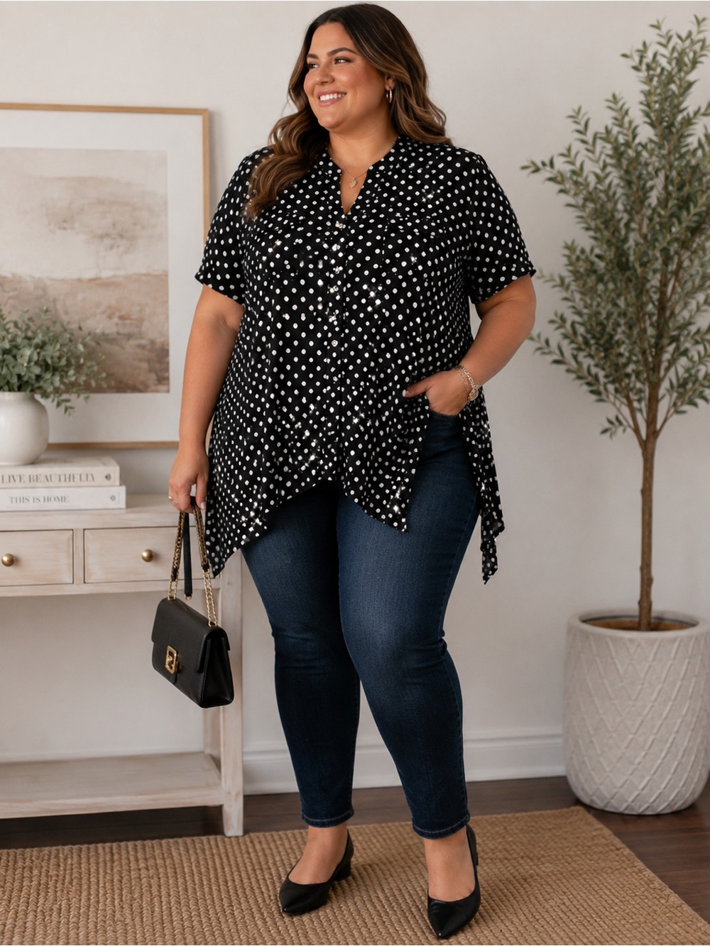 Brittany Black XL Black White PolkaDot Shimmer Satin Blouse Asymmetrical Hem Top